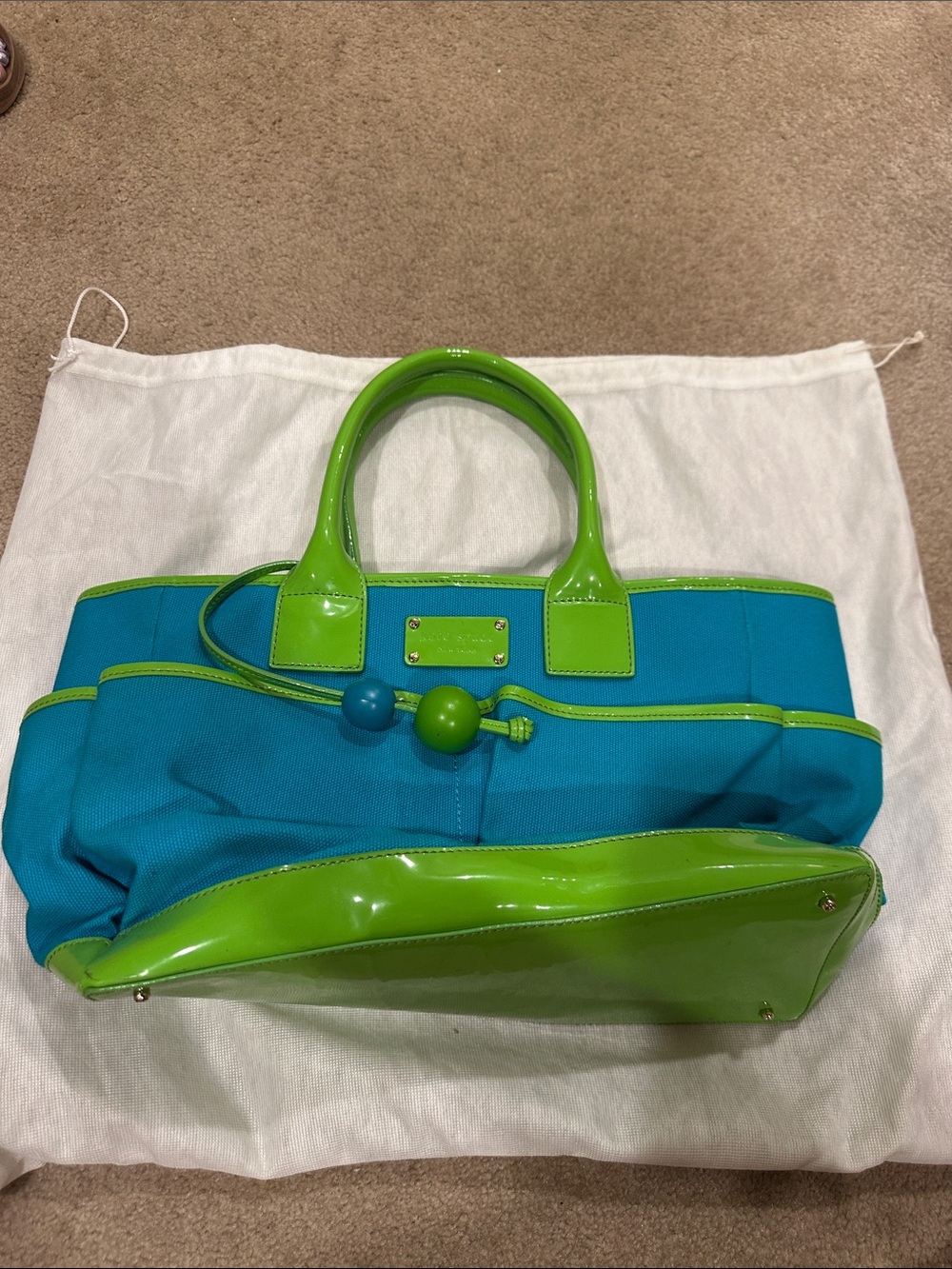 Kate Spade Blue and Lime Patent Trim Tote Bag - Picture 2 of 4